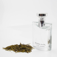 Parfum féminin, flacon en verre rectangulaire transparent, bouchon argenté, boîte grise, feuilles de thé vert, minimaliste, longue tenue