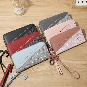 2023 new long ladies zipper wallet Korean stitching contrast color tassel wild card purse mobile phone bag