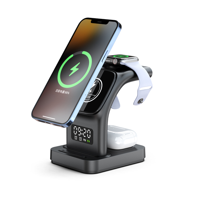 5 in 1 Fast Wireless Charging Station for iPhone 14 Above with Magnetic Series Night Light Alarm Clock Wireless Charger Stand