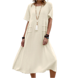Robe longue ample bohème d'été pour femme, col rond, manches courtes, en polyester et coton écologique, taille naturelle, respirante, avec poches et ourlet évasé - Product Image 1