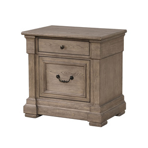 Mesita de noche con cajones en francés e inglés, acabado gris desgastado, tirador de metal, cajón superior forrado en fieltro - Product Image 2