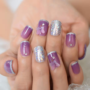 <span class=keywords><strong>Uñas</strong></span> postizas moradas de cobertura completa <span class=keywords><strong>con</strong></span> decoración de mariposas, <span class=keywords><strong>uñas</strong></span> postizas francesas <span class=keywords><strong>con</strong></span> purpurina Squoval corta Ombre - Product Image 4