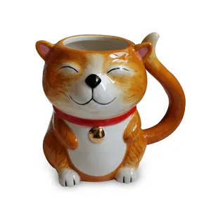 Lovely 3D Cat Mug Orange Color Ceramic Tea Mug Cat Design with real gold bell Coffee Mug