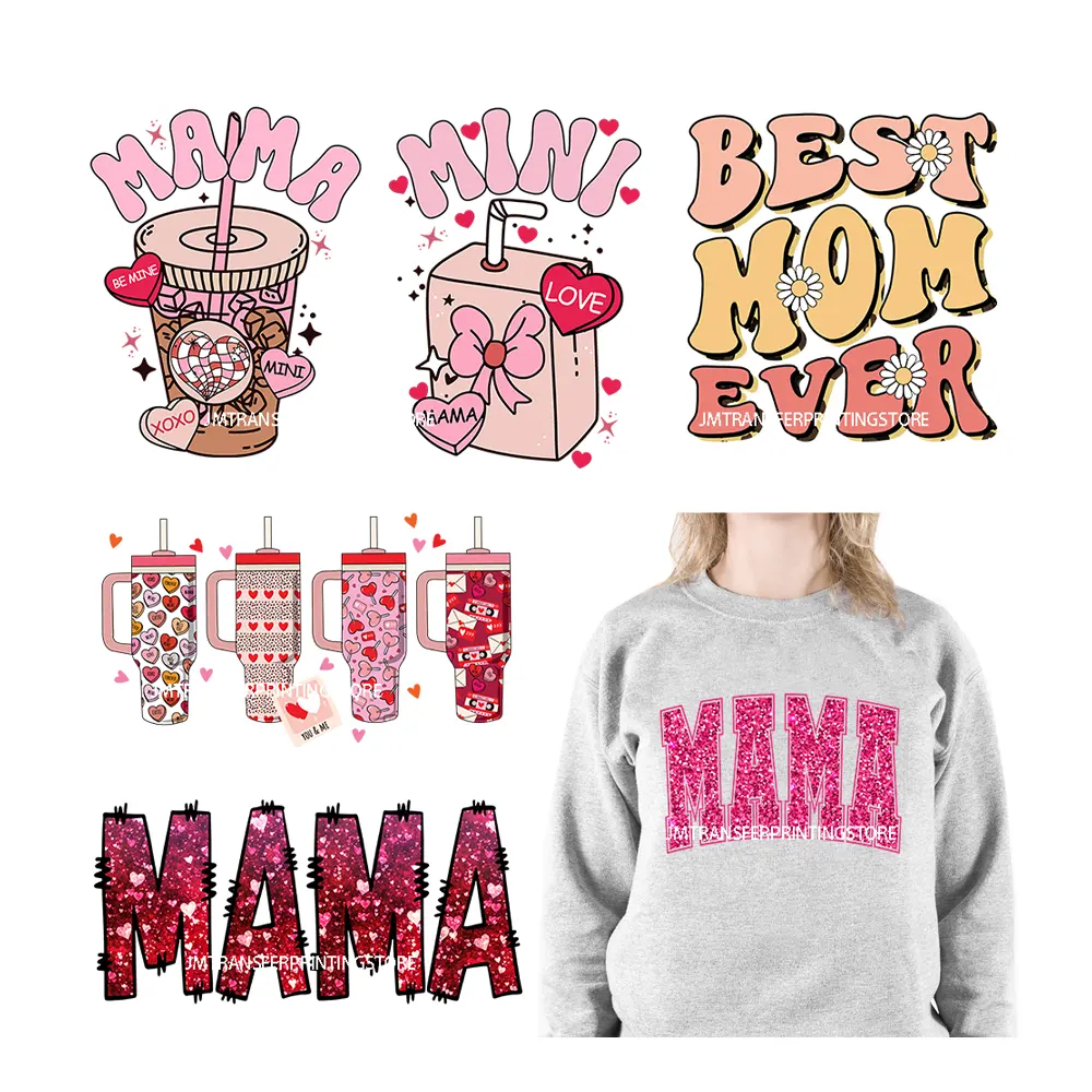 Valentine tim Mama mini tốt nhất mẹ bao giờ yêu gia đình kẹo tim Stanley Tumbler lấy cảm hứng từ sắt trên dtf chuyển sticker cho áo sơ mi