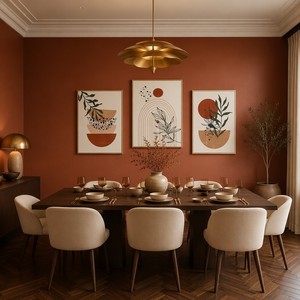 Trittico da Parete Botanico Boho in Terracotta con Cornice Dorata, Semicerchio <span class=keywords><strong>Sole</strong></span> Astratto, Disegno a Linee Foglia Verde, Decorazione Lussuosa Tonalità Terra - Product Image 1