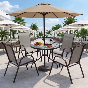 Ensemble <span class=keywords><strong>de</strong></span> salle à manger d'extérieur 5 pièces, chaises <span class=keywords><strong>en</strong></span> métal <span class=keywords><strong>aluminium</strong></span> <span class=keywords><strong>et</strong></span> <span class=keywords><strong>textilène</strong></span>, table ronde <span class=keywords><strong>en</strong></span> verre trempé, mobilier <span class=keywords><strong>de</strong></span> <span class=keywords><strong>jardin</strong></span> - Product Image 1
