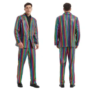 Мужской лазерный блестящий костюм, разноцветный жакет и брюки для взрослых, нарядный костюм на Хэллоуин, день рождения, выпускной костюм