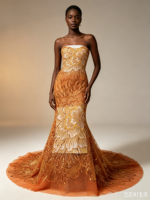 Robe de soirée formelle de luxe KC en tulle orange avec dentelle, perles de pivoine, cristaux et sequins, résistante à l'abrasion, style Dubaï