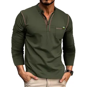 Groothandel Basic Heren Henley Thermische Knoop Lange Mouw T-Shirt Effen Kleur Katoenen Casual T-Shirts