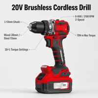 Perceuse-visseuse sans fil 20V sans balais avec couple maximal de 70 Nm, 18+1 réglages d'embrayage, 2 vitesses, mandrin de 13 mm pour le bois et l'acier