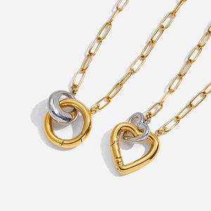 Heart Shaped Double <b>Ring</b> Pendant <b>Necklace</b> Gold Silver Color Block Geometric Design Unisex Everyday Wear - Product Image 1