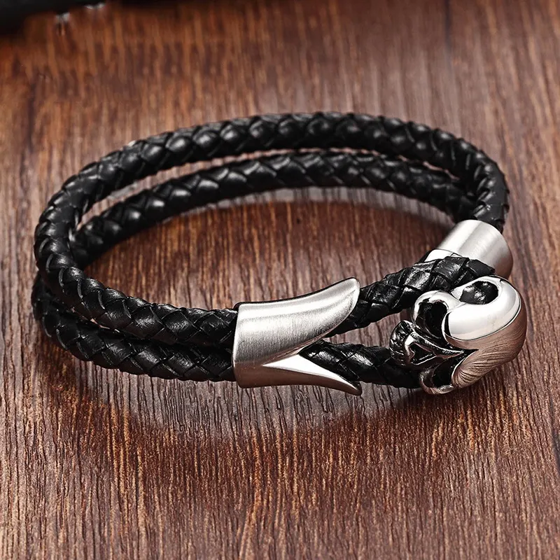Stainless Steel Woven Leather Rope Bracelet Vintage Men's Titanium Steel Bracelet Skull Head Gothic Leather Bracelet