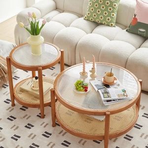 Mesa de Centro Nórdica de Lujo Minimalista Moderna Hecha a Mano 2026, Madera Maciza, Vidrio y Ratán, Fácil de Montar, Muebles para Sala de Estar - Product Image 1