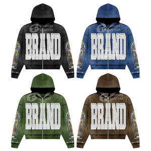 Invierno personalizado DTG impresión Logo ácido lavado peso pesado algodón Unisex recortado cuadrado desgastado Zip up Sudadera con capucha - Product Image 1