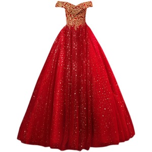 Red Off Shoulder Ball Gown Empire Waist Sequins Floral Print Wedding Dress 2026 New Style Dazzling Gold Spring - Product Image 5