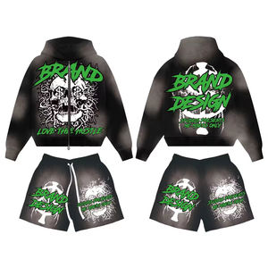 Özel Logo asit yıkama % 100% pamuk fransız Terry erkek fermuar Hoodies ve şort rahat eşofman erkekler için 2 parça şort takımı - Product Image 4