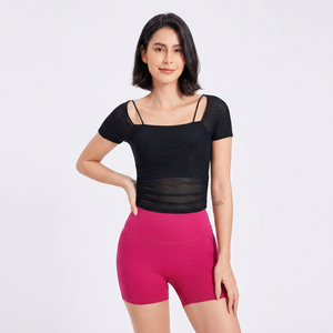 Haut court de yoga en maille transparente pour femme, 2-en-1, à manches courtes, avec soutien-gorge intégré, T-shirt de sport ajusté pour Pilates et entraînement - Product Image 1