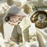 Invitation de mariage sur mesure en papier coton, forme arche découpée, impression feuille d'argent vert olive et gaufrage avec insert en coquille et sceau de cire