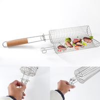 Vente chaude 2 pièces 304 panier de gril roulant de nidification extérieur en acier inoxydable avec manche en bois
