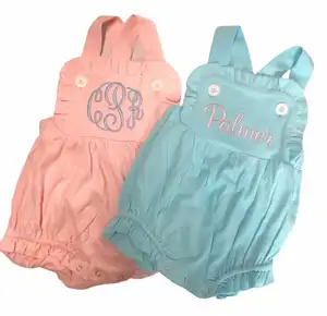 Romper bayi perempuan baru lahir, Romper gelembung Monogram bayi punggung silang katun kosong Sunsuit musim panas