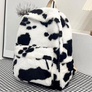 Mochila de viaje de felpa peluda con patrón de vaca lindo de color contraste mochila de piel de chica de ocio estilo Harajuku coreano - Product Image 6
