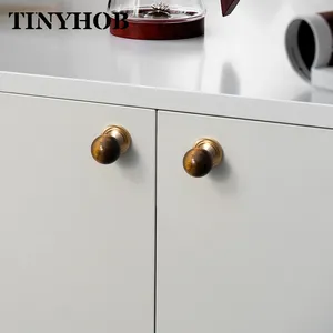 Batu Mata Harimau Alami + Gagang Kabinet Kuningan Padat Kenop Batang Bergalur Emas untuk Perangkat Keras Furnitur Pintu Lemari Laci Dapur - Product Image 5