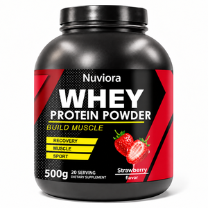 Nuviora OEM <span class=keywords><strong>Proteine</strong></span> <span class=keywords><strong>del</strong></span> <span class=keywords><strong>Siero</strong></span> <span class=keywords><strong>di</strong></span> <span class=keywords><strong>Latte</strong></span> <span class=keywords><strong>in</strong></span> <span class=keywords><strong>Polvere</strong></span> Private Label 500g (20 Porzioni) Gusto Fragola Integratore per lo Sviluppo Muscolare per Adulti Scadenza 24 Mesi - Product Image 1