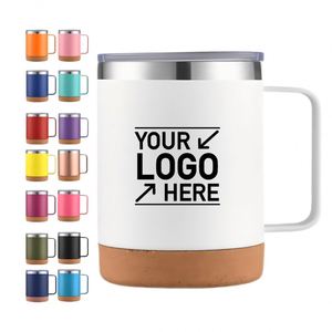 Custom Cork Bottom Powder Coated Matte Coffee Cup 12 Oz Double Wall Vacuum Insulated Cork Base Stainless Steel <b>Mug</b> With Handle - Product Image 1