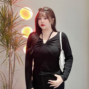 Runqi N8566 Women's <b>Long</b> Sleeve <b>T</b>-<b>Shirt</b> Halter V-Neck Solid Color Knitted <b>Black</b> Plus Size Fashion Top - Product Image 2