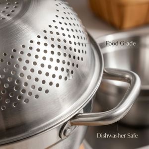 Juego de recipientes de acero inoxidable 304 de grado alimenticio, engrosado, para cocina doméstica, con cesta perforada para lavar y escurrir verduras, colador de sopa y olla. - Product Image 4
