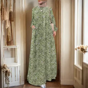 Ywqs Elegante Lange Zonnejurk Voor Moslimvrouwen Turkse Bloemenprint Abaya Handgetekend Polyester Lichtgewicht Ademend Voor Volwassenen