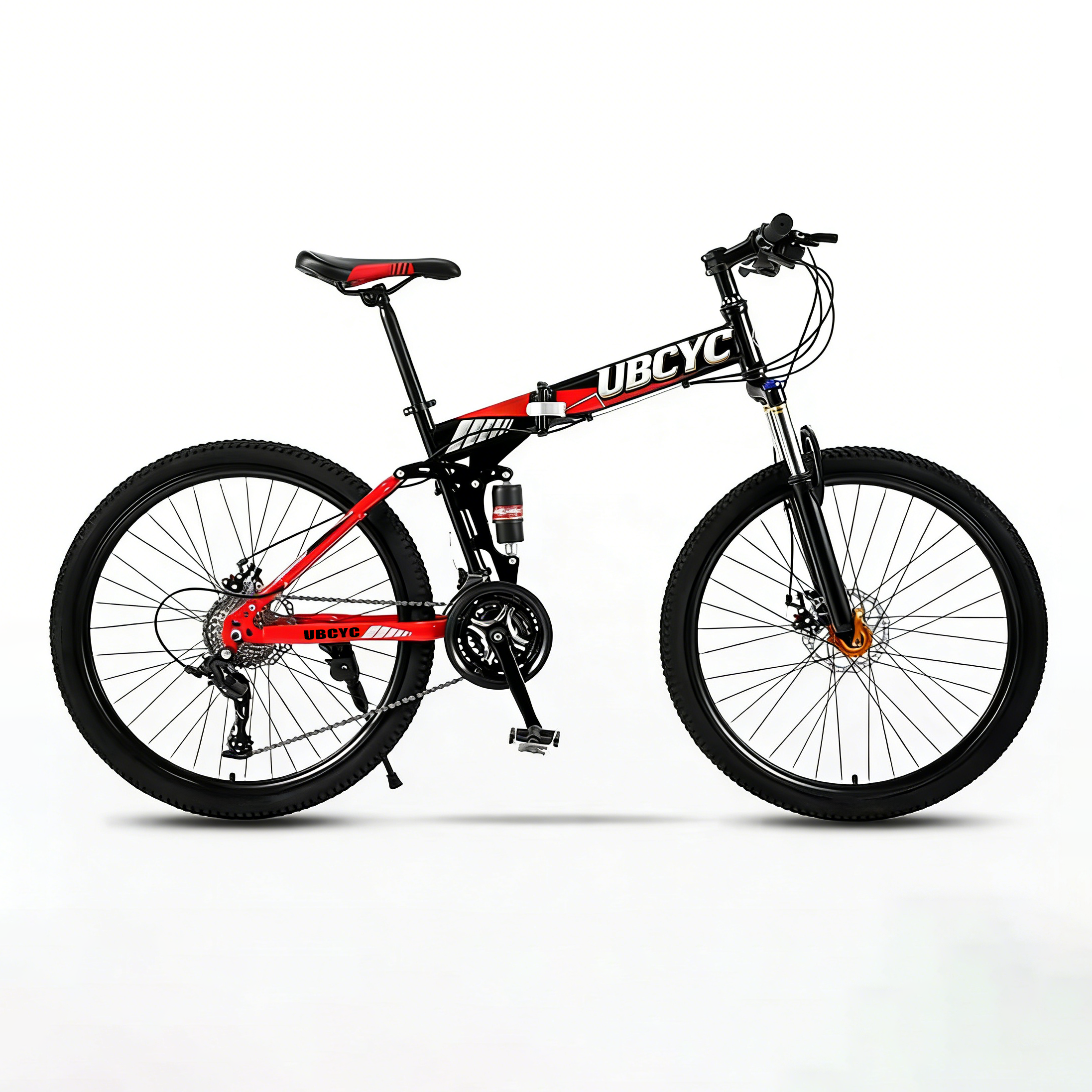 Bicicleta de montaña con rueda de radios rojos