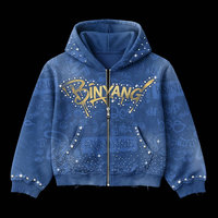 Sweat à capuche court zippé personnalisé OEM ODM pour homme, 100 % coton, hiver, imprimé graffiti strass sur toute la surface, patchwork, bords bruts, streetwear