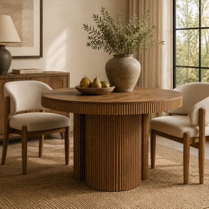 Table à manger ronde moderne de luxe de 48 pouces avec bord cannelé et base à trois pieds en bois pour projets de villas et d'hôtels, fabricant OEM/ODM - Product Image 1