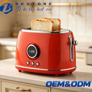 เครื่องปิ้งขนมปัง BESTONE 2 แผ่น พร้อมตัวตั้งเวลาแบบดิจิตอล ฟังก์ชั่นละลายน้ำแข็ง อุ่นอาหาร และยกเลิกการปิ้ง สีแดง เครื่องปิ้งขนมปังไฟฟ้าสำหรับใช้ในบ้าน - Product Image 1