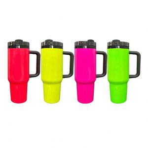 Vasos de 40 oz con Asa, Tapa y Pajita, en Colores Neón con Base Negra Plateada, Grabado Láser, para Deportes al Aire Libre y Viajes - Product Image 1