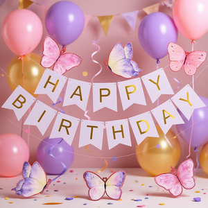 Juego de decoración para fiestas con pancarta de feliz cumpleaños, con bolas de nido de abeja para celebraciones de cumpleaños, estilo elegante morado - Product Image 2