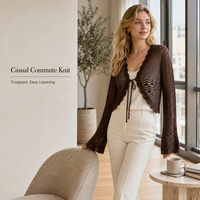 Cardigan en crochet personnalisé OEM ODM pour femme, à manches longues cloche, coupe courte, idéal pour le quotidien, les trajets, le bureau et les superpositions