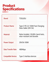 Câble tressé en nylon Type-C vers Type-C Togudu, transfert de données 480 Mbps, charge rapide, CC-288, universel multi-appareils