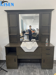 KISEN Stainless Steel Salon Display Cabinet Dressing <b>Table</b> And Storage Shelves Contemporary Design Mirror For Barber Shop Use - Product Image 3