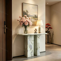 Table console moderne en marbre vert sur mesure, plateau ovale incurvé, deux pieds solides, décoration pour salon, couloir, villa, entrée