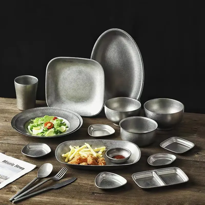 Do Old Retro Industrial Wind Stainless Steel Bowl Plate Plate Fork