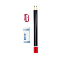 Lot de 4 crayons HB en blister, comprenant 2 crayons à mine noire et rouge, un taille-crayon et une gomme blanche FLOWood pour étudiants