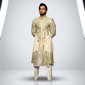 LATEST--BEAUTIFUL GOLD ZARDOZI EMBROIDERY on WHITE SILK SHERWANI ,KURTA WITH <b>PANT</b> Suits & Blazer>Men's Suits - Product Image 4