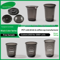 Gobelet à emporter rond en PET noir avec couvercle samouraï, personnalisable avec logo, origine Guangdong, pour café américain et thé au lait