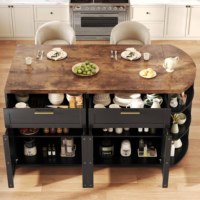 Îlot de cuisine rustique noir de grande taille avec sièges, plateau en noyer foncé, étagères incurvées, armoire de rangement, coin petit-déjeuner indépendant