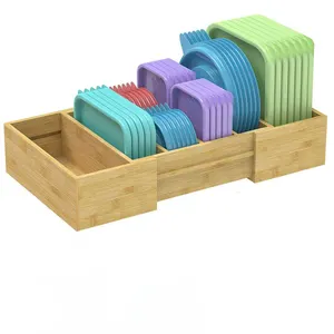 Multifunctional Expandable Bamboo Food Container with Adjustable Detachable Dividers Lid Organizer Storage Rack