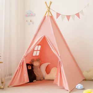 Superbe cadeau d'anniversaire ou de vacances, tente de jeu en coton rose pour enfants, tipi d'intérieur pour filles et garçons avec poteaux en bois naturel - Product Image 1