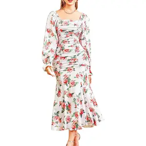 Women's Casual Maxi Dress Floral Print With Waist Cotton Knitted Fabric Floor-Length XL Size Order Model