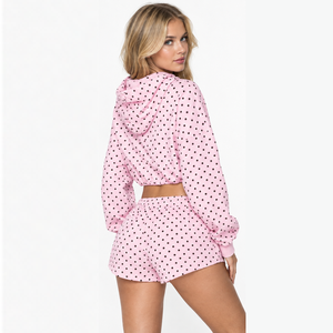 Conjunto a juego de lunares para mujer con logo personalizado, estilo urbano americano, 100% algodón, sudadera corta y pantalones cortos, ropa de otoño - Product Image 2
